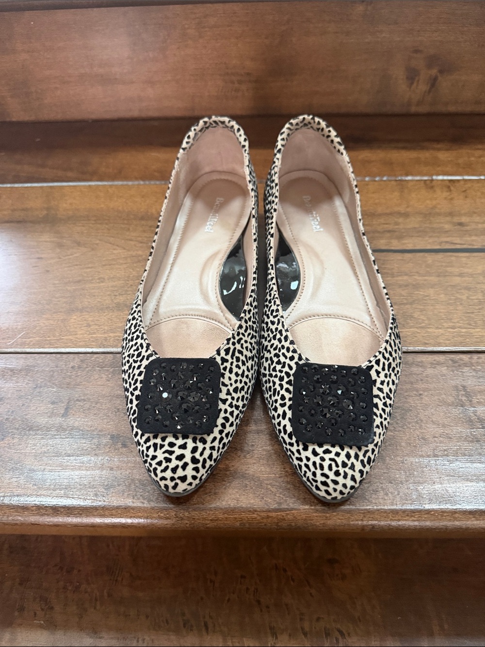 BeautiFeel Colleen Animal Print Pointed Flats with Black Jeweled Accent